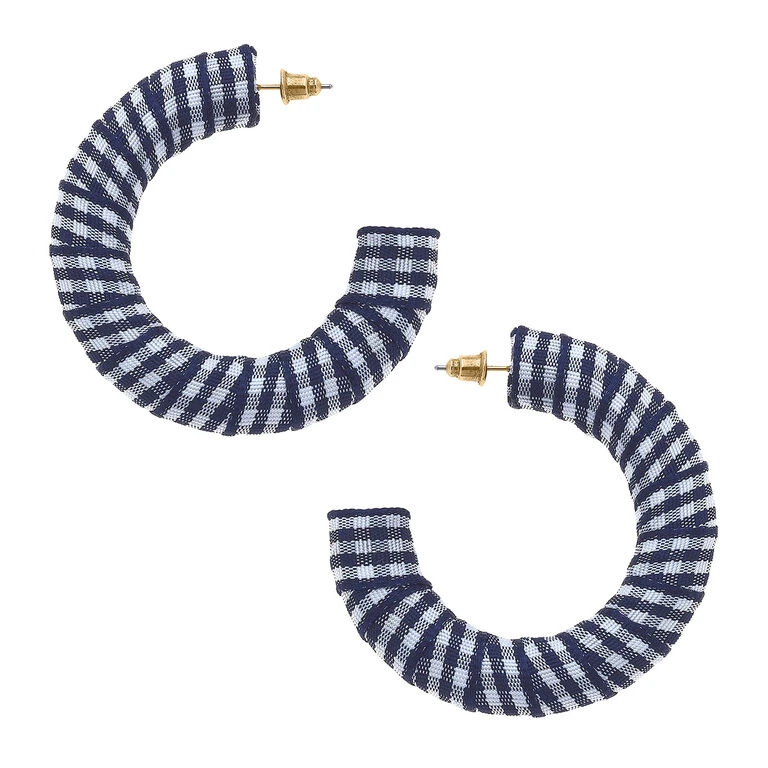Reese Gingham Hoop Earrings, Navy Blue & White 3 Reese Gingham Hoop Earrings, Navy Blue & White