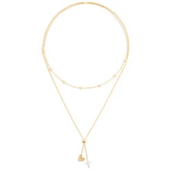 Heart And Cross Charms Giving Necklace, 35" 7 Heart And Cross Charms Giving Necklace, 35" -Fashion Accessories Store Gold Heart and Silver Cross Charms Layered Necklace 1004440103 03