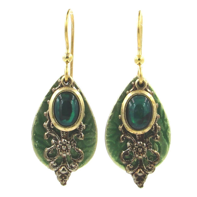 Green Stone And Filigree Layered Metal Drop Earrings 3 Green Stone And Filigree Layered Metal Drop Earrings