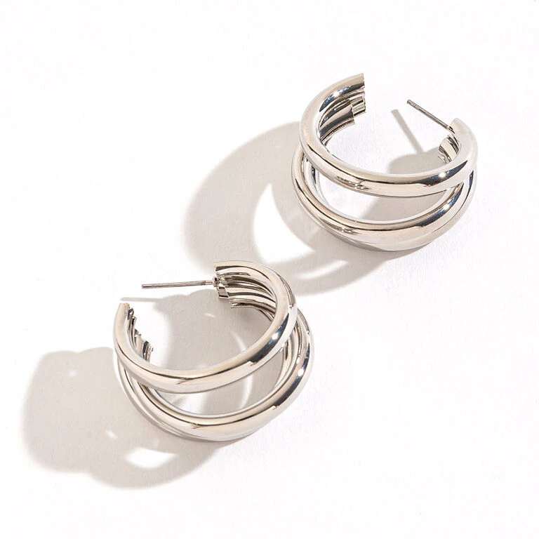 Howard's Jewelry Medium Triple Tube Silver Hoop Earrings 3 Howard's Jewelry Medium Triple Tube Silver Hoop Earrings