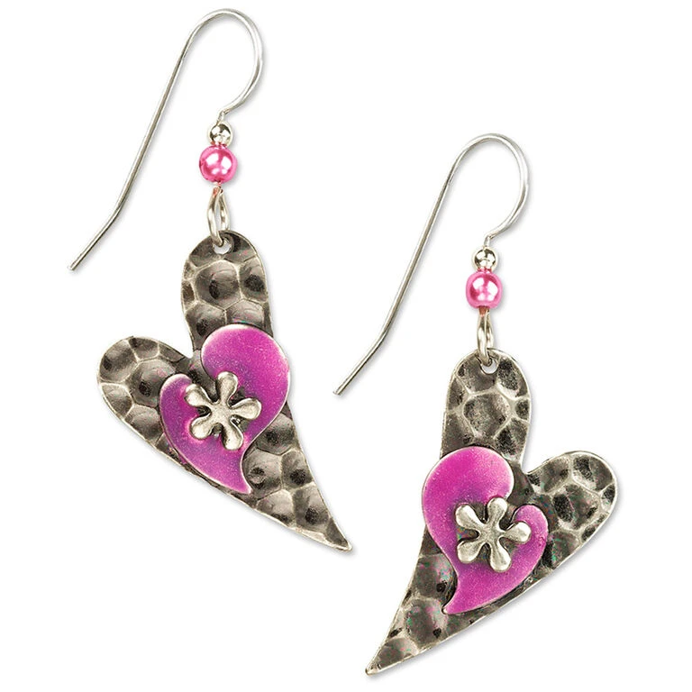 Silver And Pink Hearts Layered Metal Drop Earrings 3 Silver And Pink Hearts Layered Metal Drop Earrings